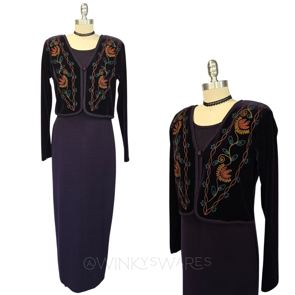 Vintage 90s Carole Little Sweater Maxi Dress Size M Purple Velvet Embroidered